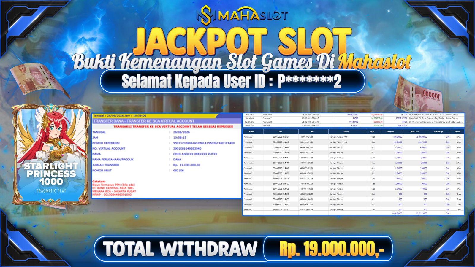 MAHASLOT JACKPOT SLOT GAME STARLIGHT PRINCESS 1000 Rp.19.000.000,- LUNAS