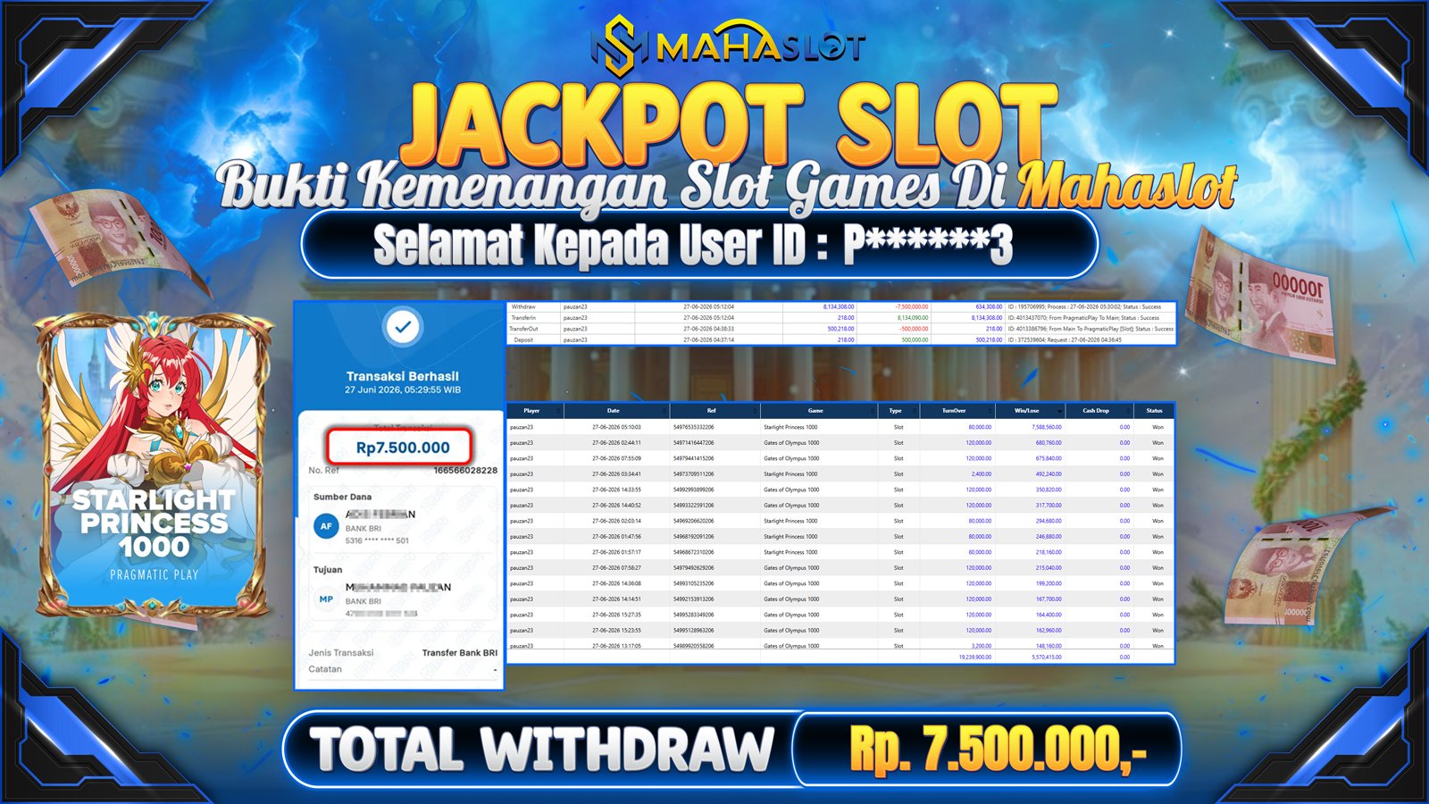 MAHASLOT JACKPOT SLOT GAME STARLIGHT PRINCESS 1000 Rp.7.500.000,- LUNAS