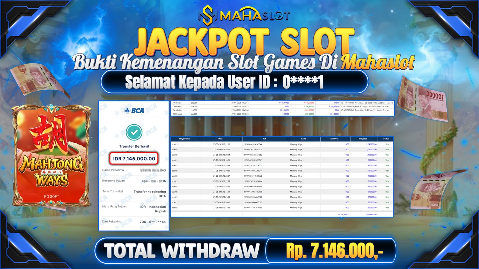 MAHASLOT JACKPOT SLOT GAME MAHJONG WAYS Rp.7.146.000,- LUNAS