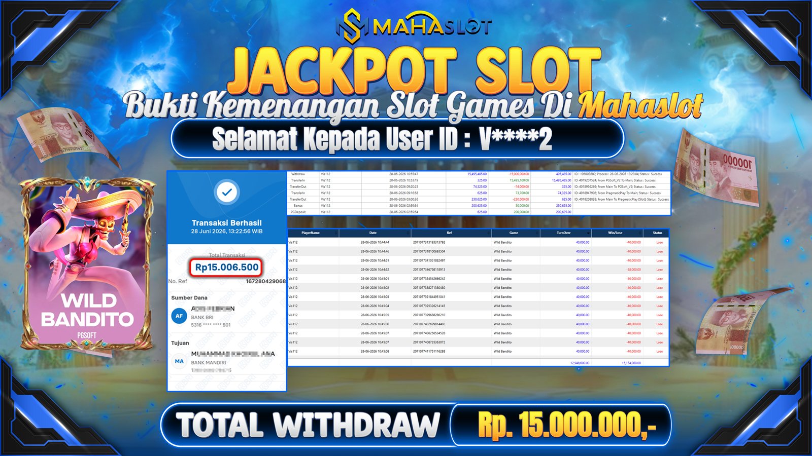 MAHASLOT JACKPOT SLOT GAME WILD BANDITO Rp.15.000.000,- LUNAS