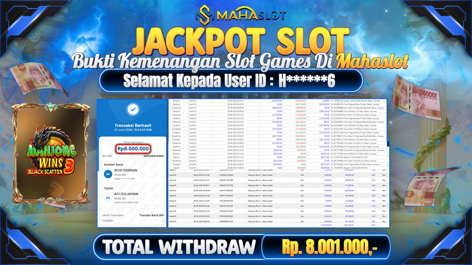 MAHASLOT JACKPOT SLOT GAME WMAHJONG WINS BLACKSCATTER 3 Rp.8.001.000,- LUNAS