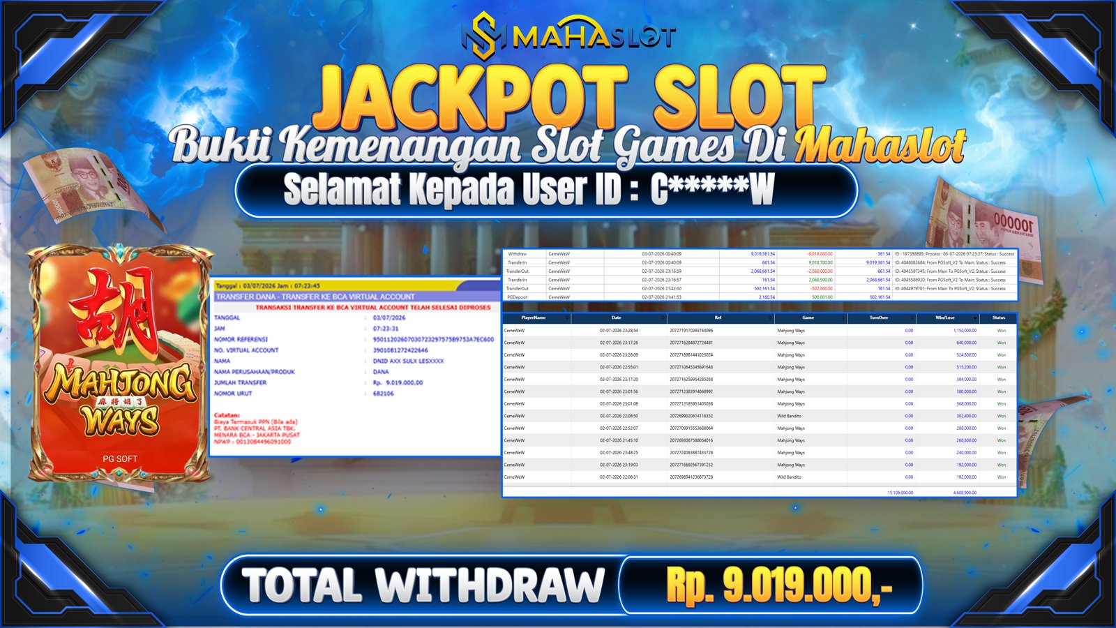 MAHASLOT JACKPOT SLOT GAME MAHJONG WAYS Rp.9.019.000,- LUNAS