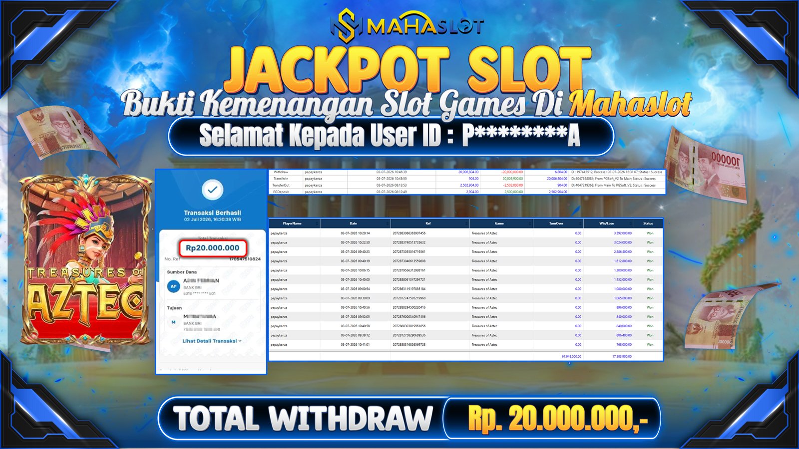 MAHASLOT JACKPOT SLOT GAME TREASURES OF AZTEC Rp.20.000.000,- LUNAS