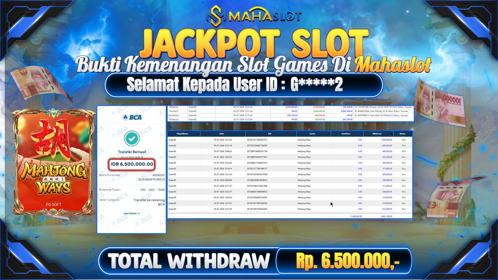 MAHASLOT JACKPOT SLOT GAME MAHJONG WAYS Rp.6.500.000,- LUNAS