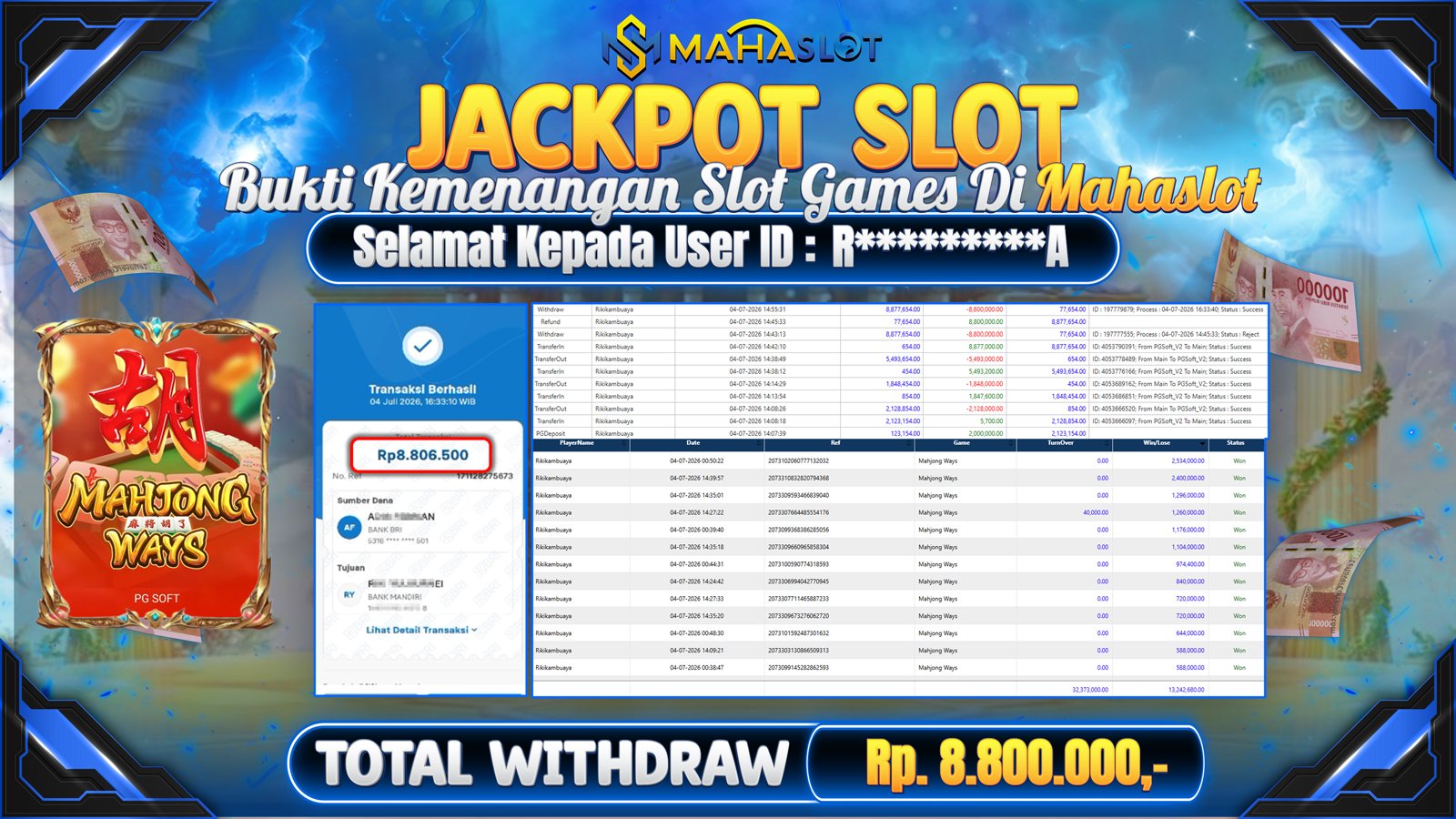 MAHASLOT JACKPOT SLOT GAME MAHJONG WAYS Rp.8.800.000,- LUNAS
