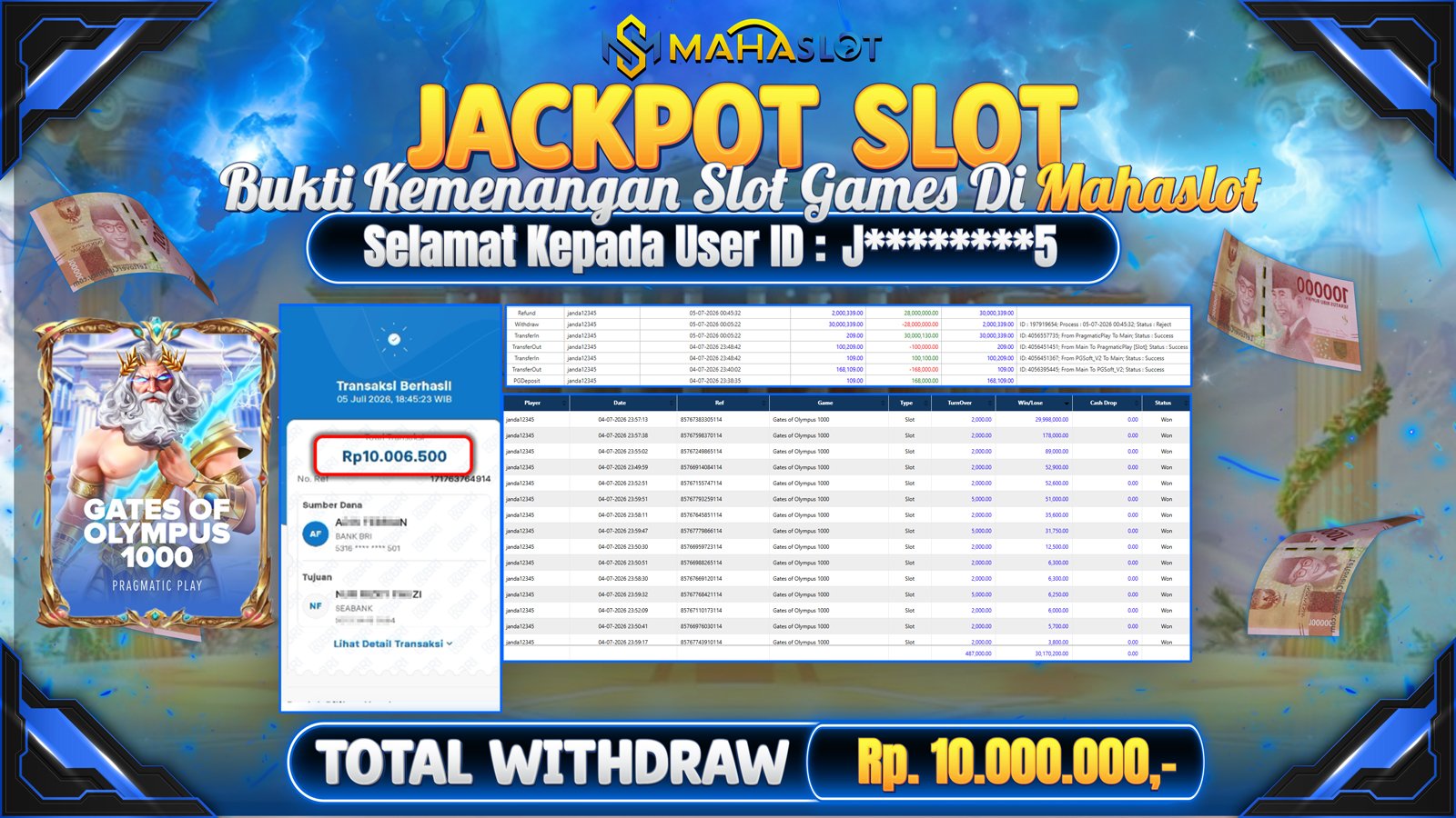 MAHASLOT JACKPOT SLOT GAME GATES OF OLYMPUS 1000 Rp.10.000.000,- LUNAS