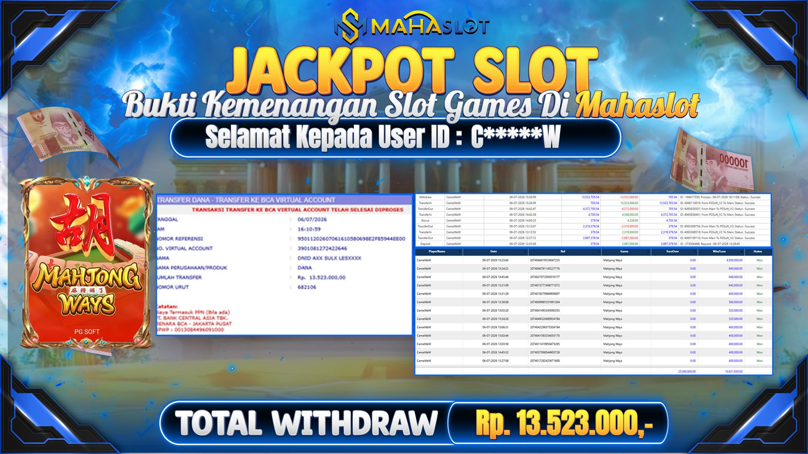 MAHASLOT JACKPOT SLOT GAME MAHJONG WAYS Rp.13.523.000,- LUNAS