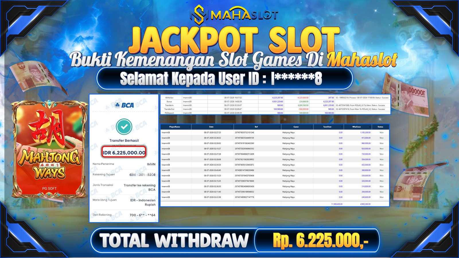 MAHASLOT JACKPOT SLOT GAME MAHJONG WAYS Rp.6.225.000,- LUNAS