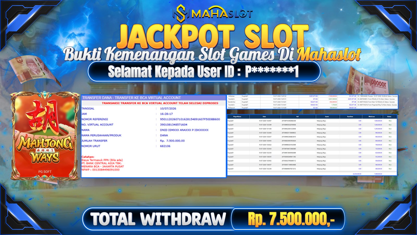 MAHASLOT JACKPOT SLOT GAME MAHJONG WAYS Rp.7.500.000,- LUNAS