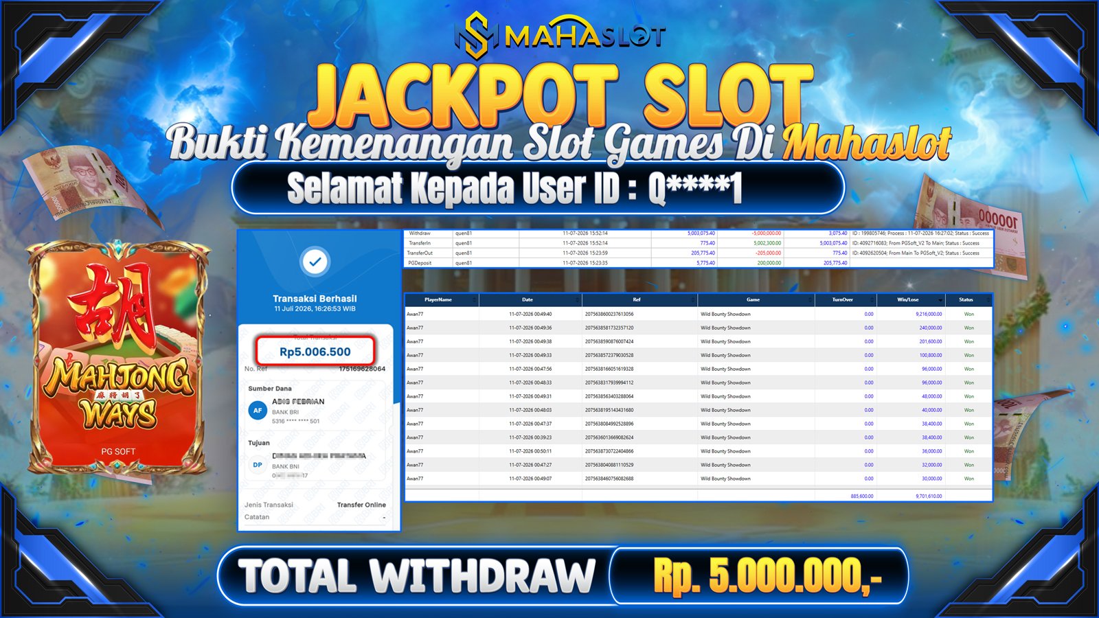 MAHASLOT JACKPOT SLOT GAME MAHJONG WAYS Rp.5.000.000,- LUNAS