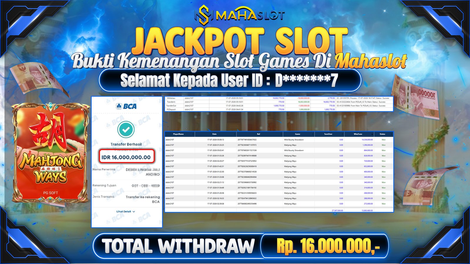 MAHASLOT JACKPOT SLOT GAME MAHJONG WAYS Rp.16.000.000,- LUNAS