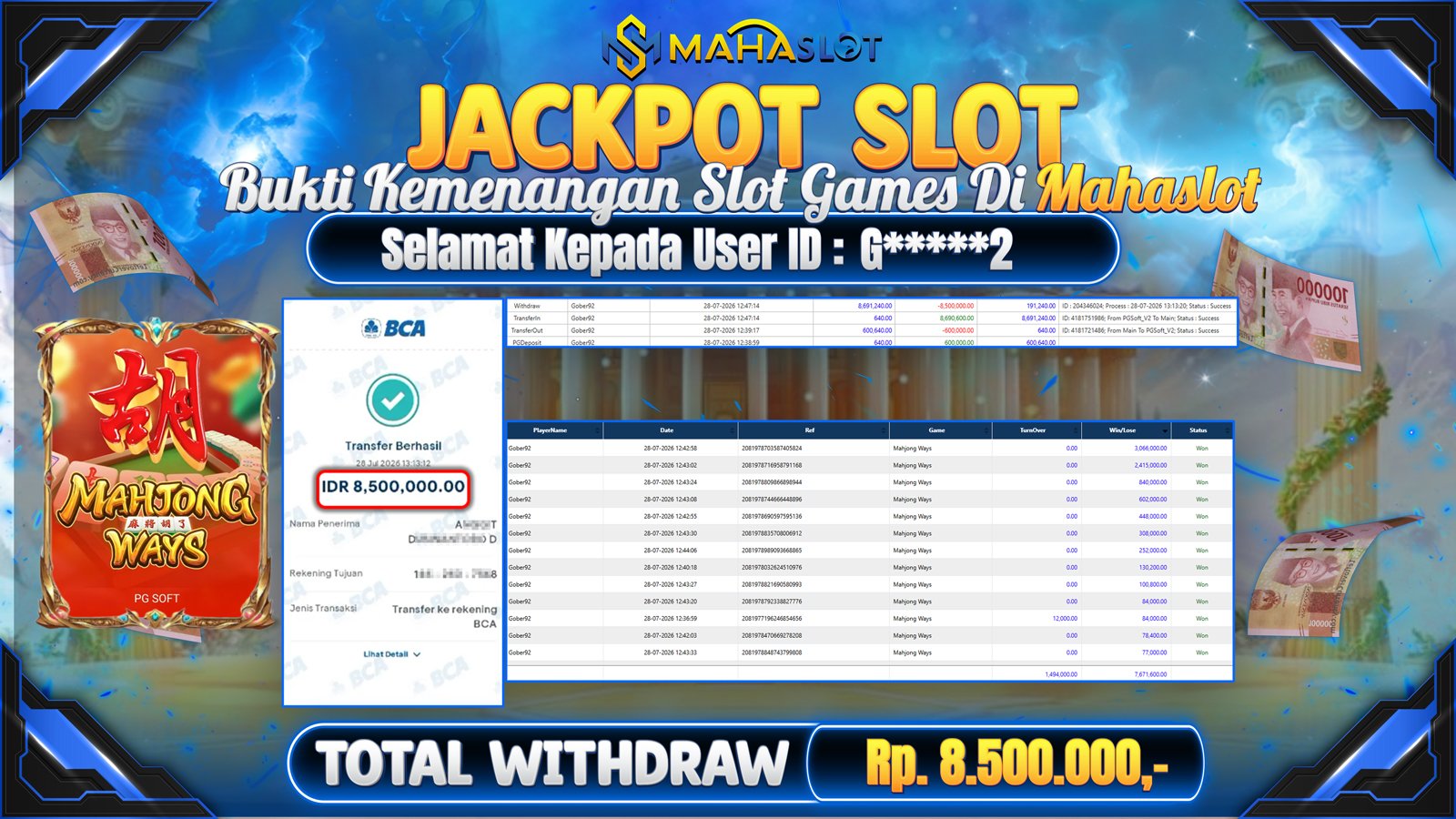 MAHASLOT JACKPOT SLOT GAME MAHJONG WAYS Rp.8.500.000,- LUNAS