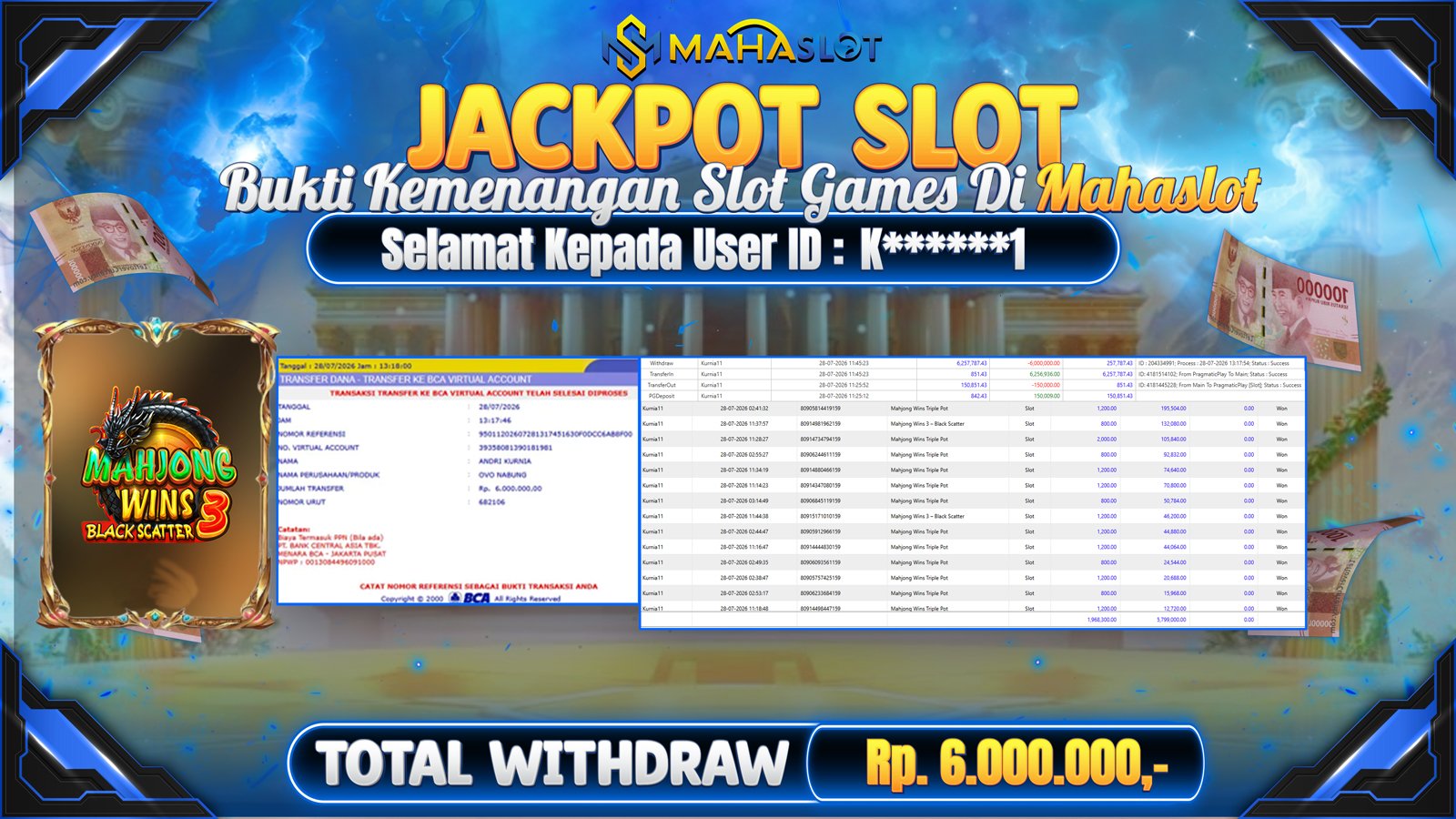 MAHASLOT JACKPOT SLOT GAME MAHJONG WINS 3 BLACK SCATTER Rp.6.000.000,- LUNAS